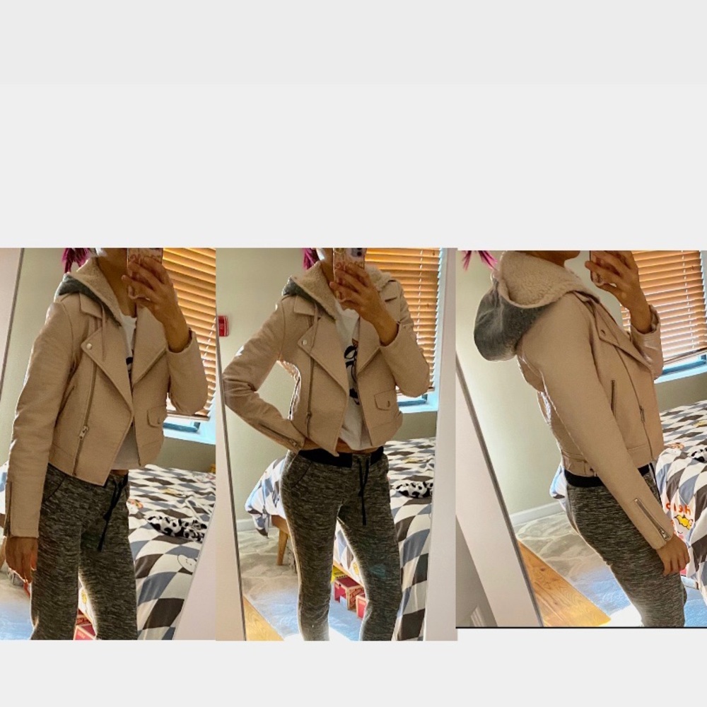 Forever 21 pink faux leather motor hoodie jacket